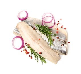 Photo of Marinated herring fillets with rosemary, onion rings and peppercorns isolated on white, top view