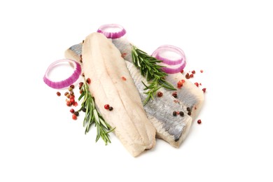 Photo of Marinated herring fillets with rosemary, onion rings and peppercorns isolated on white