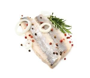 Photo of Marinated herring fillets with rosemary, onion rings and peppercorns isolated on white