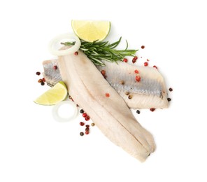 Photo of Marinated herring fillets with rosemary, onion rings, peppercorns and lime isolated on white, top view