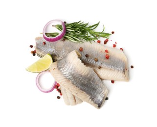 Photo of Marinated herring fillets with rosemary, onion rings, peppercorns and lime isolated on white, top view