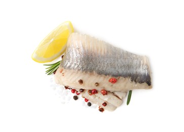 Marinated herring fillet with rosemary, salt, peppercorns and lemon isolated on white, top view