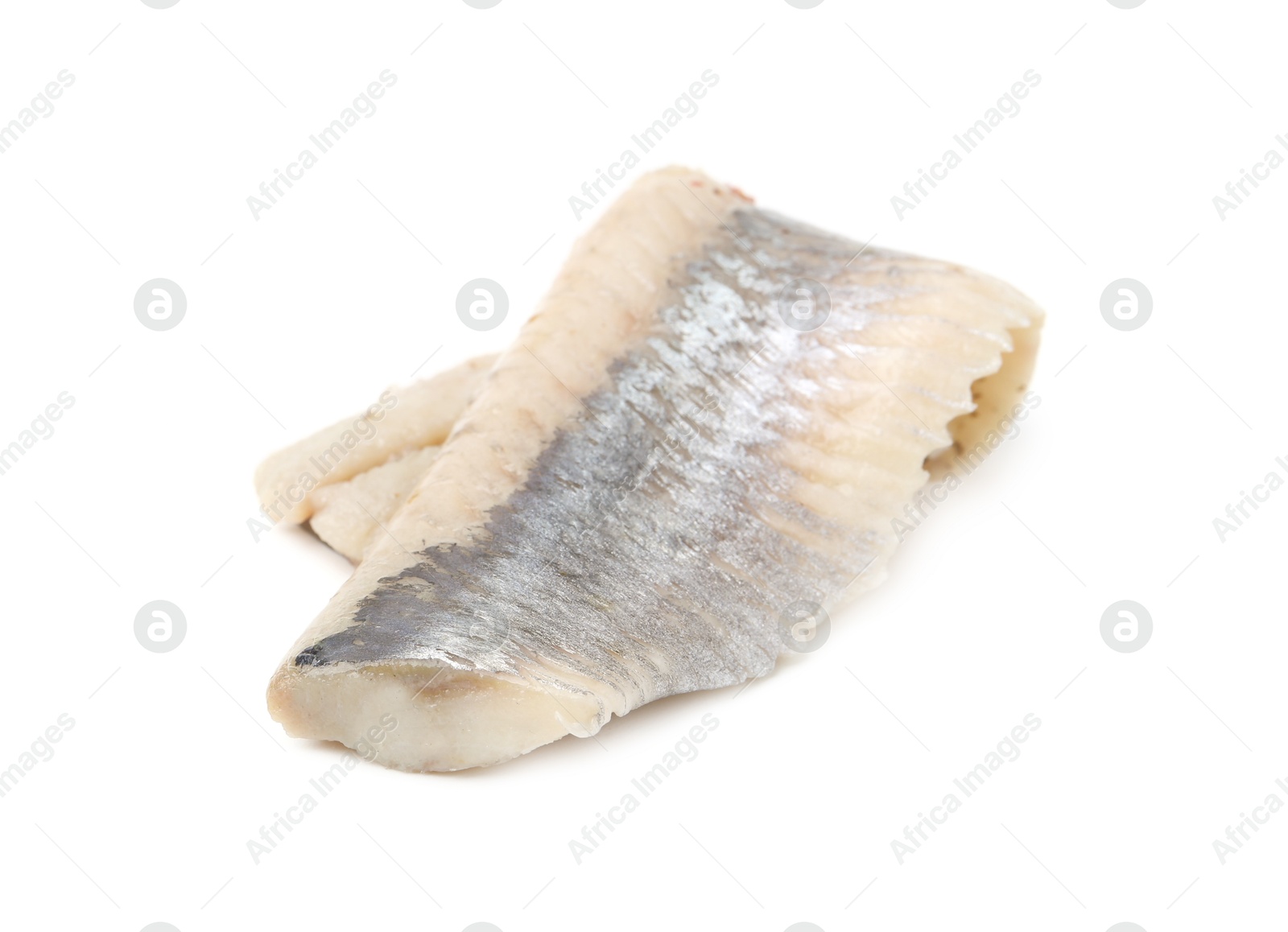 Photo of One marinated herring fillet isolated on white