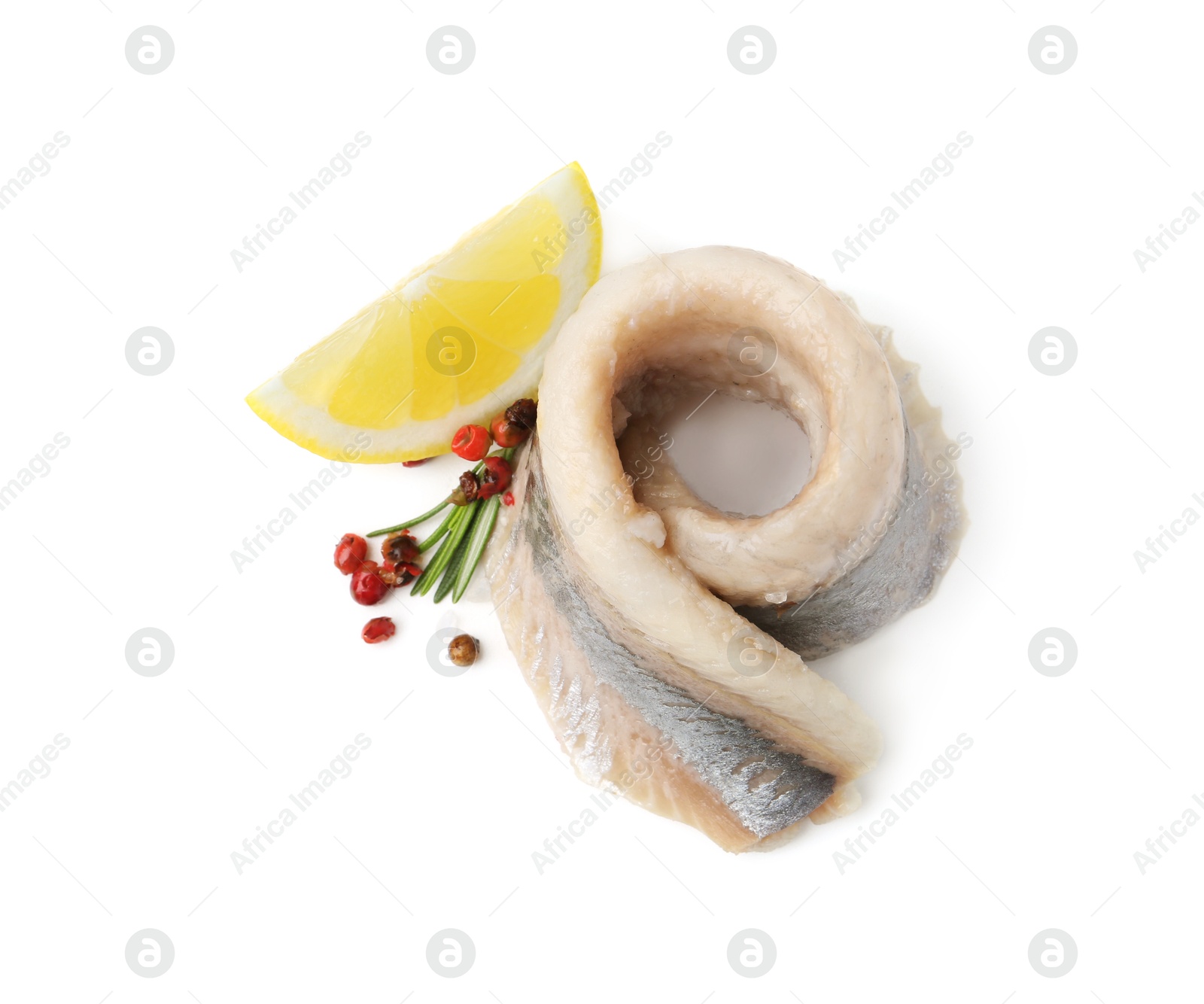 Photo of Marinated herring fillet with rosemary, peppercorns and lemon isolated on white, top view