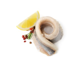 Marinated herring fillet with rosemary, peppercorns and lemon isolated on white, top view