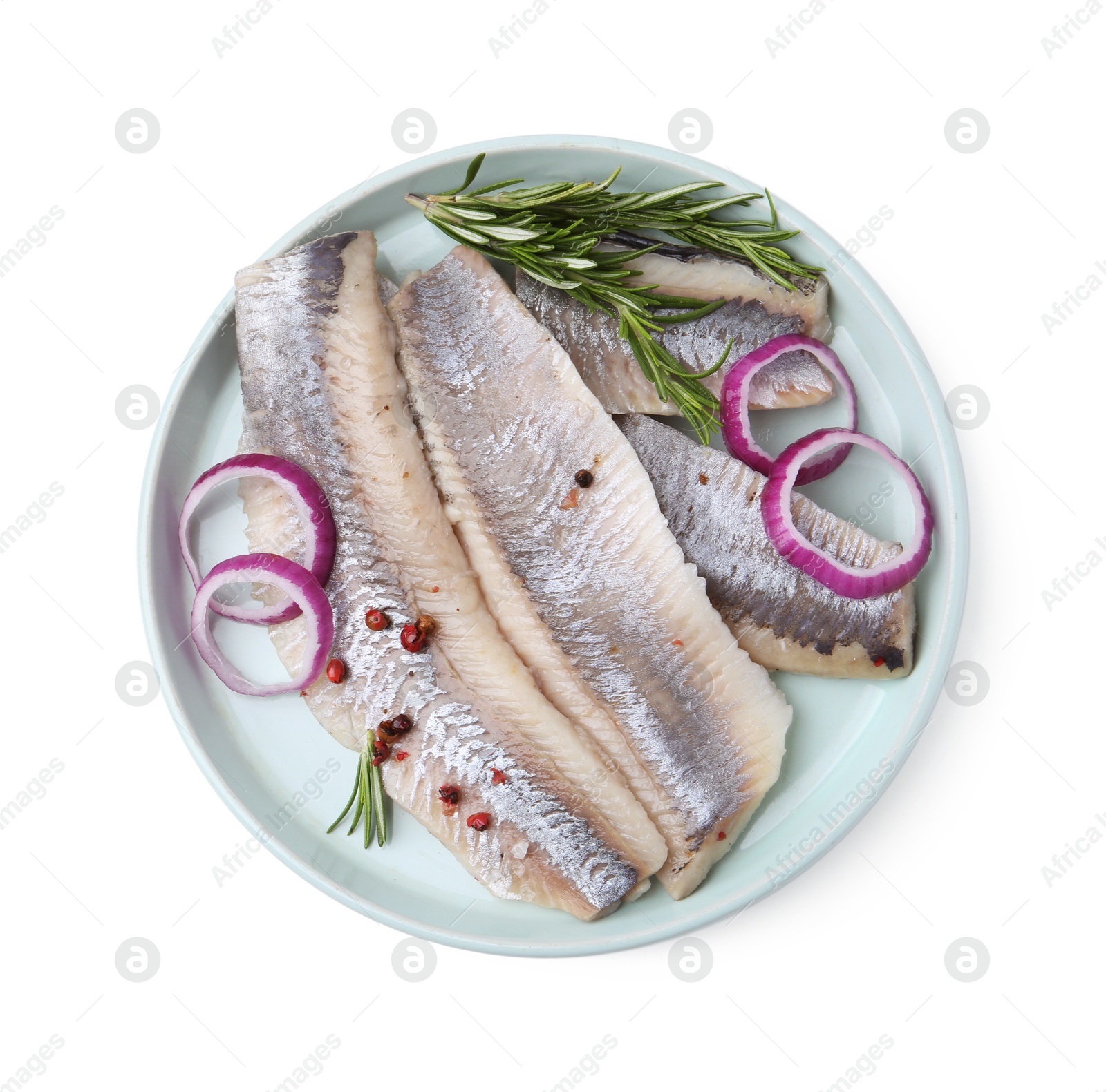 Photo of Marinated herring fillets with onion rings, rosemary and peppercorns isolated on white, top view