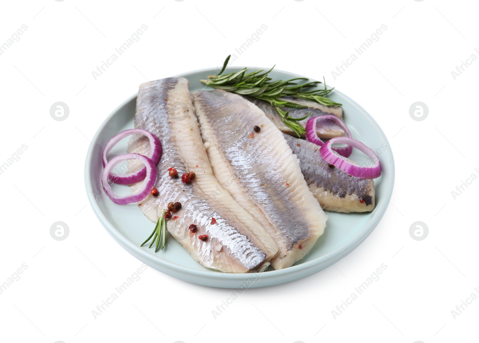 Photo of Marinated herring fillets with onion rings, rosemary and peppercorns isolated on white