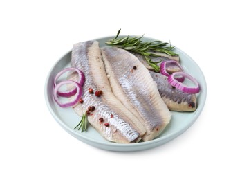 Photo of Marinated herring fillets with onion rings, rosemary and peppercorns isolated on white