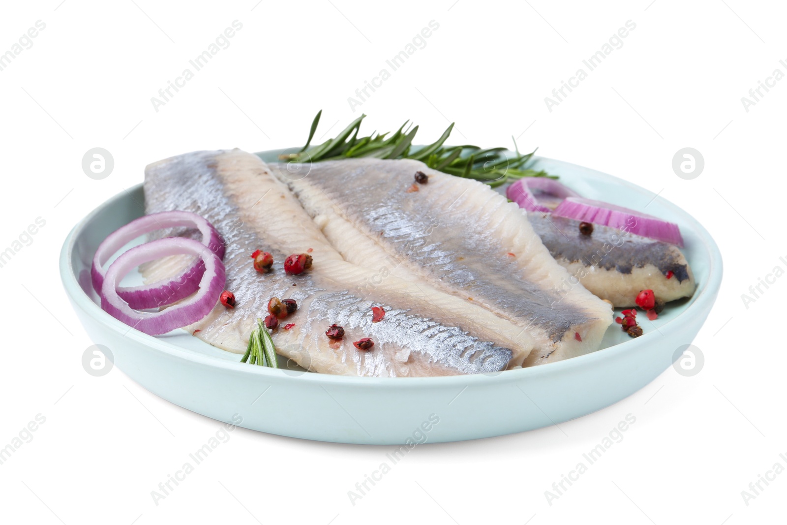 Photo of Marinated herring fillets with onion rings, rosemary and peppercorns isolated on white