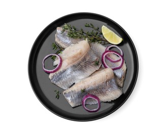 Photo of Marinated herring fillets with onion rings, thyme and lime isolated on white, top view