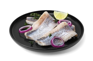 Photo of Marinated herring fillets with onion rings, thyme and lime isolated on white