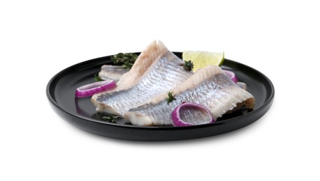 Photo of Marinated herring fillets with onion rings, thyme and lime isolated on white