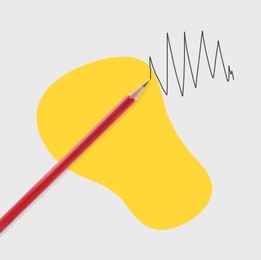 Image of Creative poster. Red pencil with drawn zig-zag line and yellow blot on white background