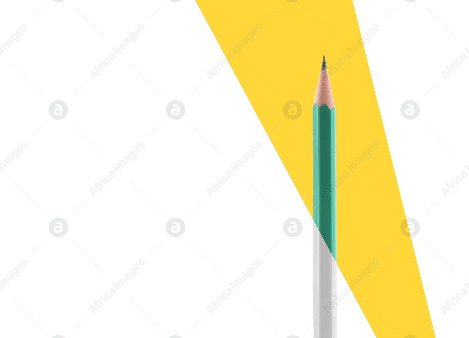 Image of Creative poster. White pencil turning into turquoise in yellow ray on white background