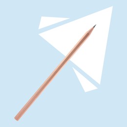 Image of Creative poster. Pencil and white triangles on light blue background