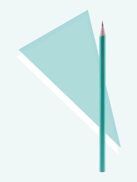 Image of Creative poster. Turquoise pencil and triangles on white background