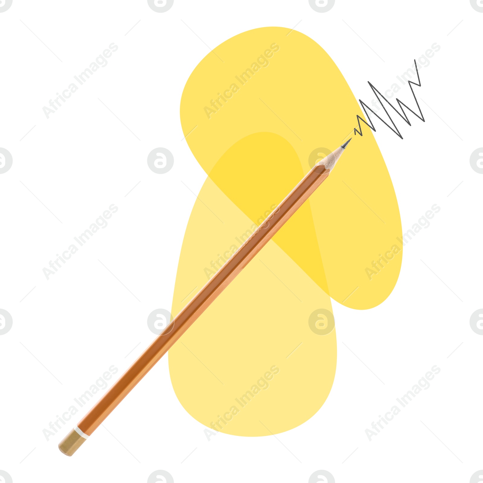 Image of Creative poster. Orange pencil with drawn zig-zag line and yellow blots on white background