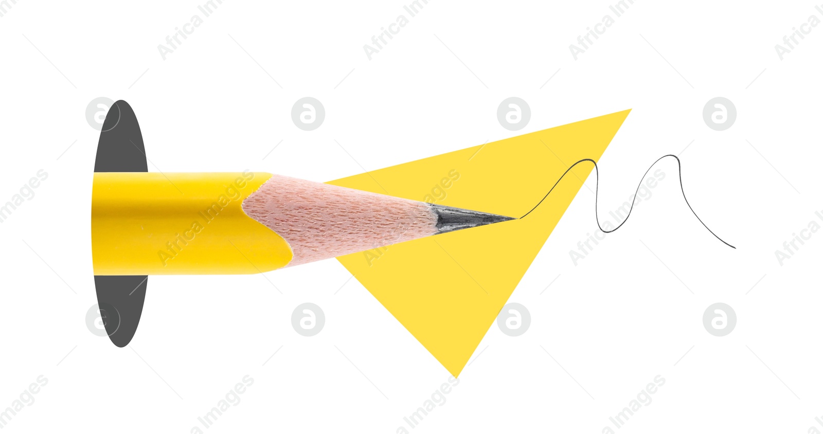 Image of Creative poster. Pencil sticking out of hole, drawn wavy line and yellow triangle on white background. Banner design