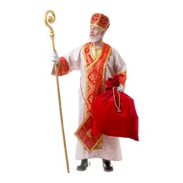 Photo of Saint Nicholas with sack on white background