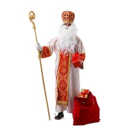 Photo of Saint Nicholas with sack full of gifts on white background