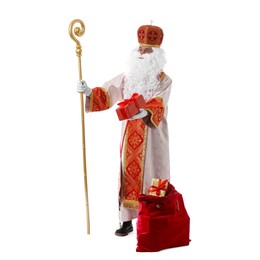 Photo of Saint Nicholas with sack full of gifts on white background