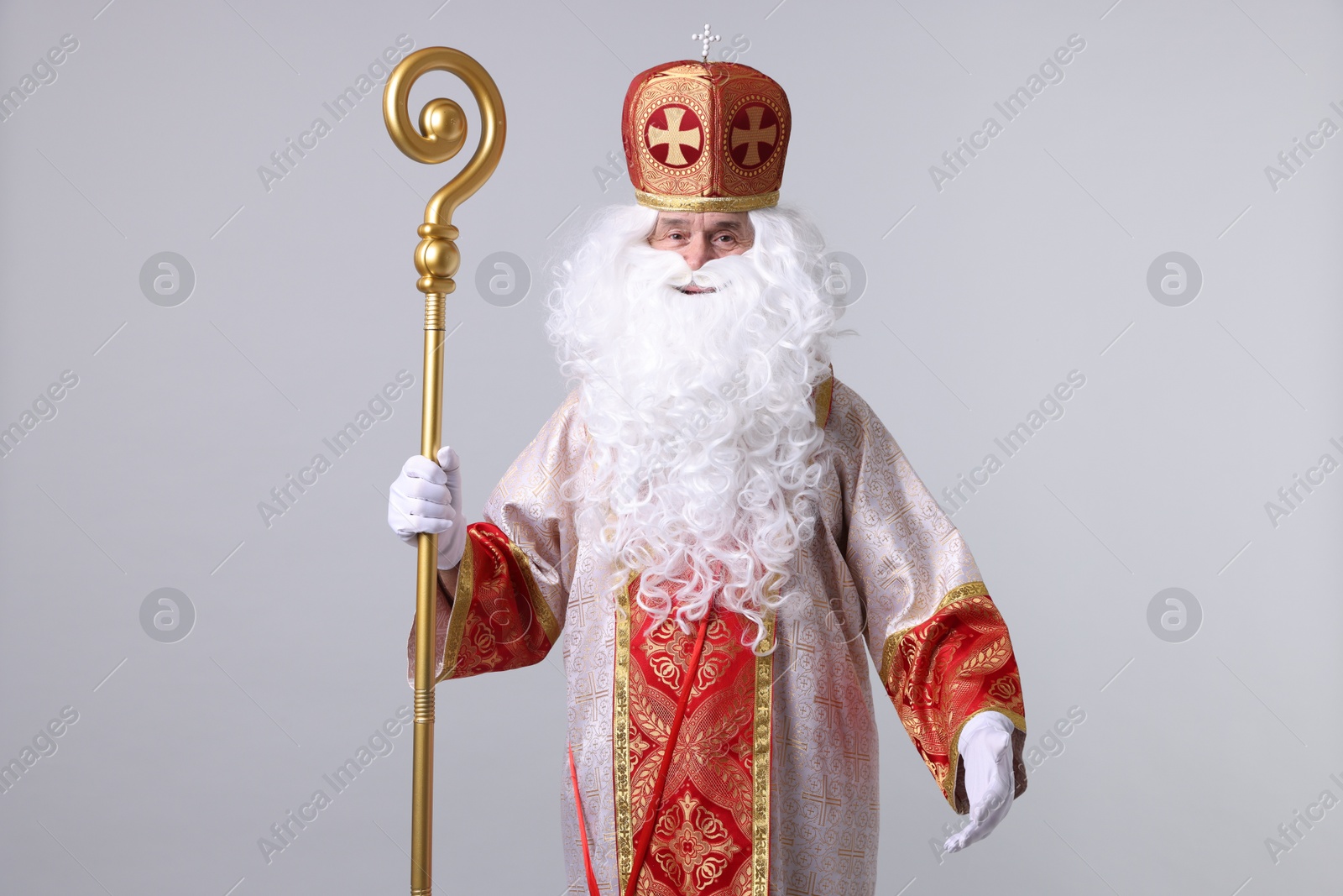 Photo of Saint Nicholas with crozier on light grey background