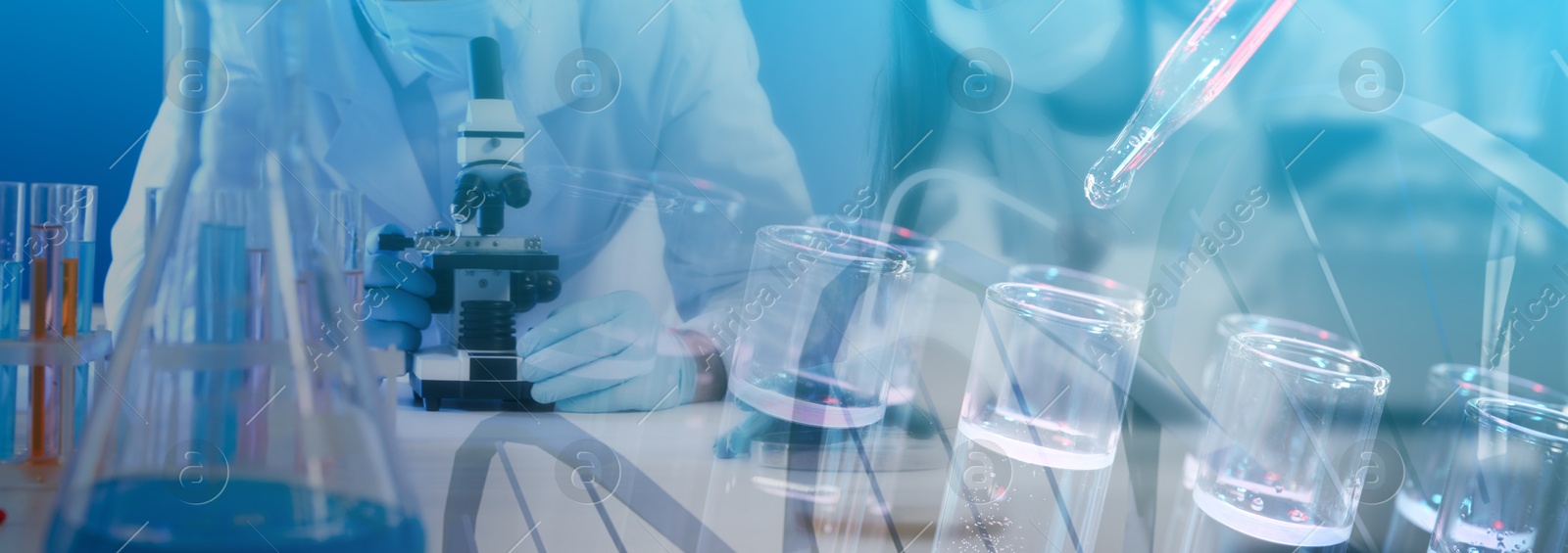 Image of Biochemistry. Scientist working in laboratory, double exposure with glassware