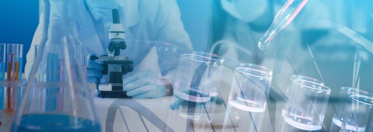 Image of Biochemistry. Scientist working in laboratory, double exposure with glassware