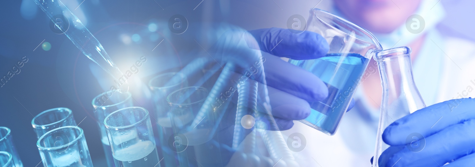 Image of Biochemistry. Scientist working in laboratory, double exposure with test tubes and DNA structure