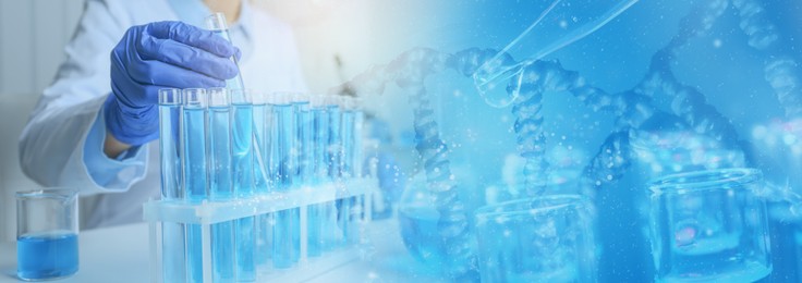 Image of Biochemistry. Scientist working in laboratory, double exposure with test tubes and DNA structure