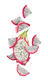 Image of Yummy pitaya fruits falling on white background