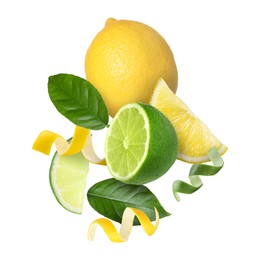 Image of Lemon, lime, zest and green leaves in air on white background