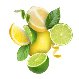 Image of Lemon, lime, zest and green leaves in air on white background