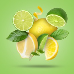 Image of Lemon, lime, zest and leaves in air on light green background