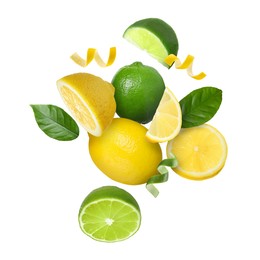 Image of Lemons, limes, zest and green leaves in air on white background