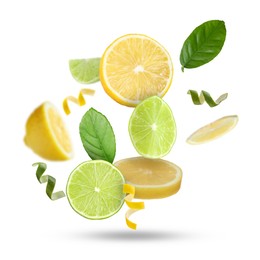 Image of Lemon, lime, zest and green leaves in air on white background