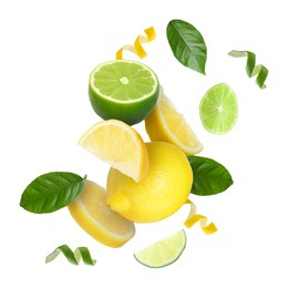 Image of Lemon, lime, zest and green leaves in air on white background