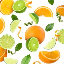 Image of Limes, oranges, zest and green leaves in air on white background