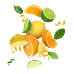 Image of Lime, lemon, orange, zest and green leaves in air on white background