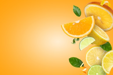 Image of Lime, lemon, orange, zest and green leaves in air on orange background, space for text