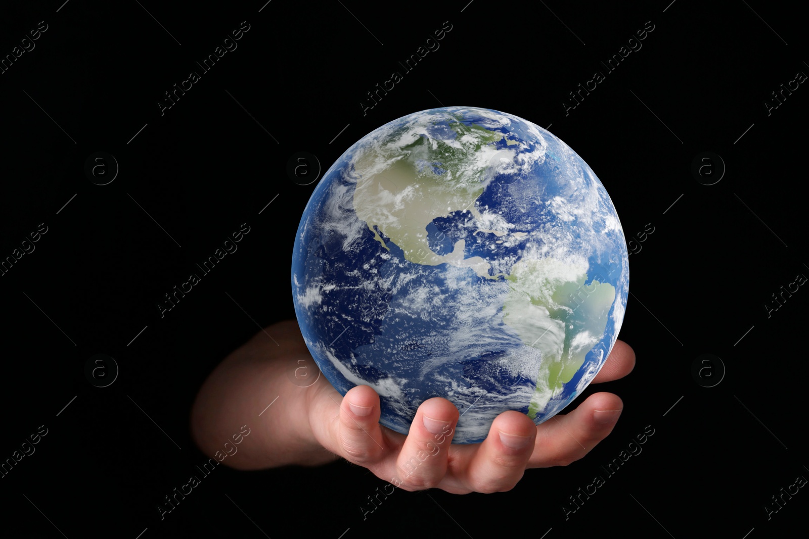 Image of Planet in our hands. Man holding Earth model on black background, closeup