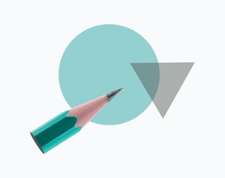 Image of Creative poster. Small pencil, light turquoise circle and grey triangle on white background