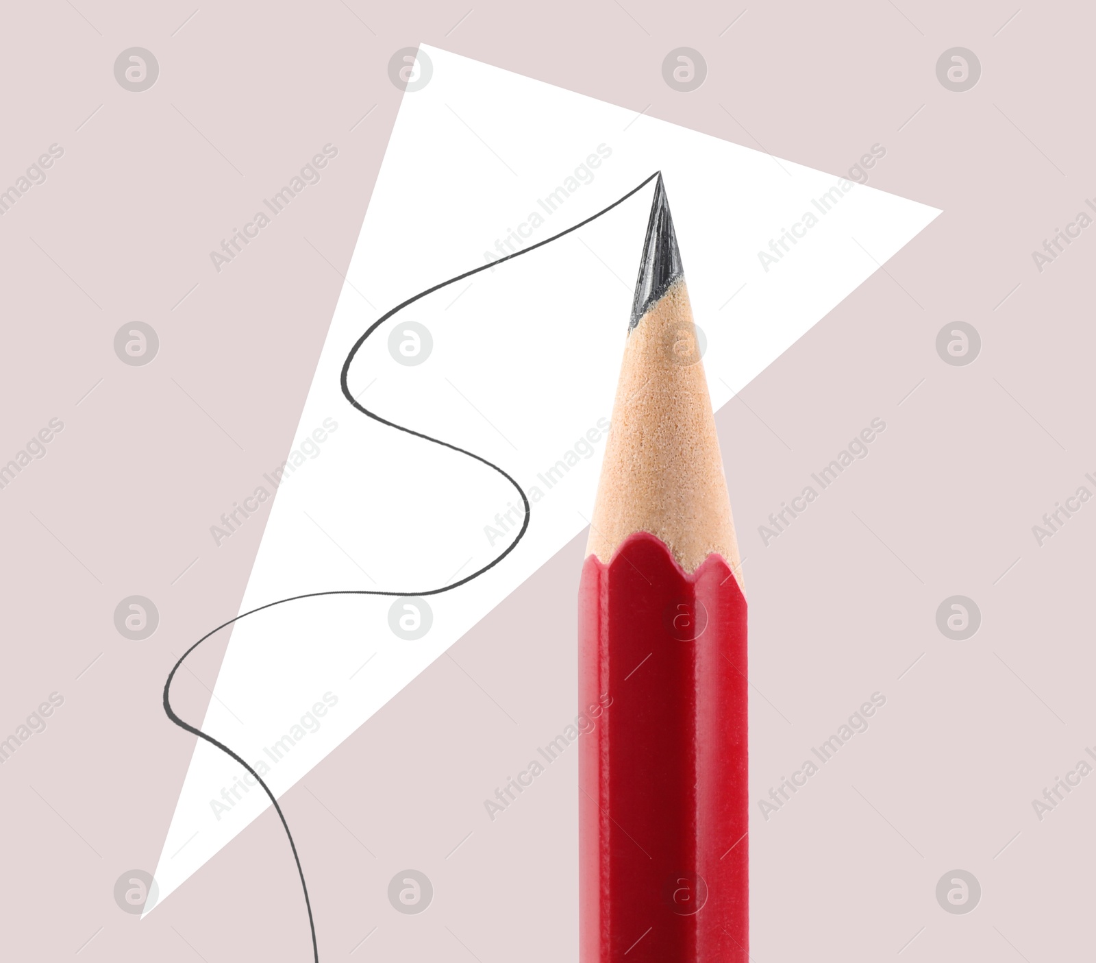 Image of Creative poster. Red pencil with drawn wavy line and white triangle on beige background