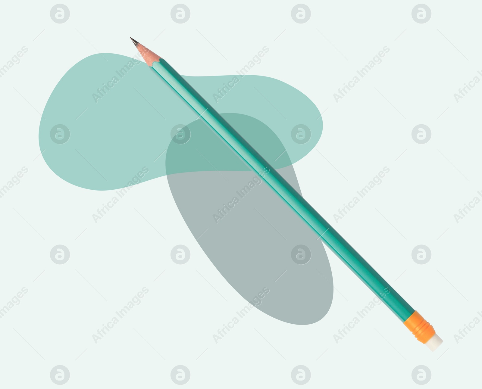 Image of Creative poster. Turquoise pencil and colorful blots on white background