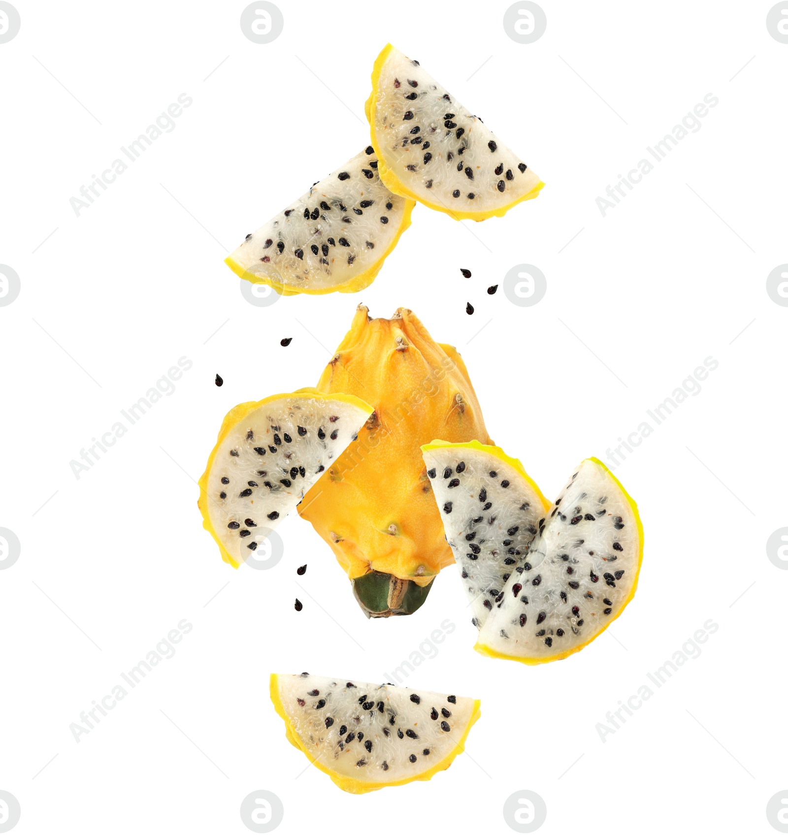 Image of Tasty yellow pitahaya fruits falling on white background