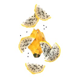 Image of Tasty yellow pitahaya fruits falling on white background