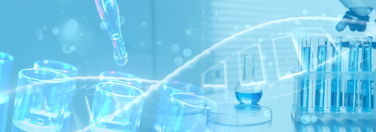 Image of Biochemistry. Double exposure with test tubes and DNA structure