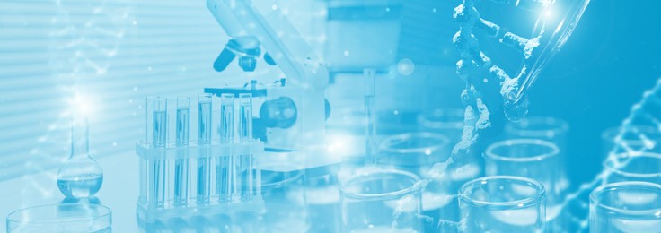 Image of Biochemistry. Double exposure with test tubes, microscope and DNA structure