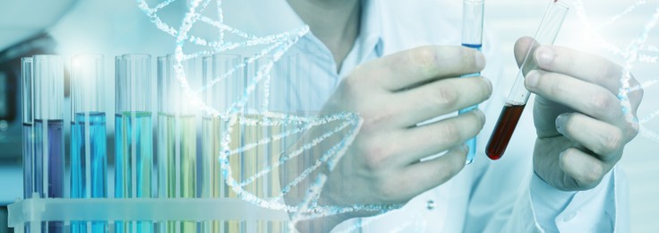 Image of Biochemistry. Scientist working in laboratory, double exposure with test tubes and DNA structure