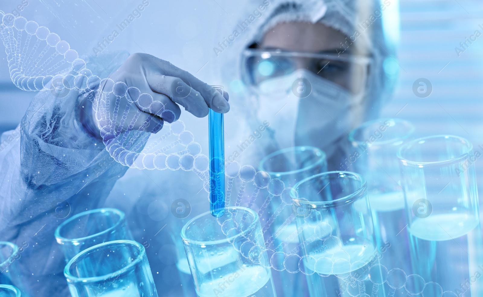 Image of Biochemistry. Scientist working in laboratory, double exposure with test tubes and DNA structure